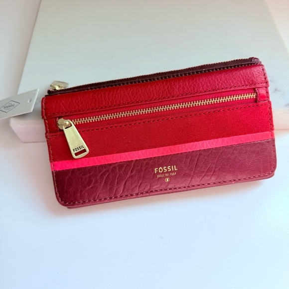 NWT Fossil RFID Preston Zip Clutch Wallet Midnight Crimson - Picture 2 of 9